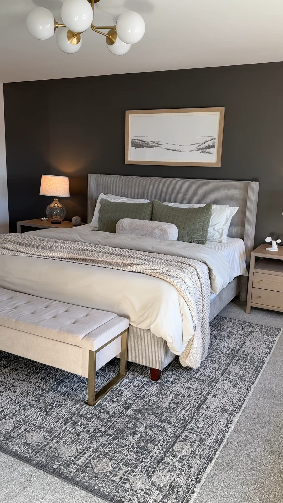 Master bedroom refresh! My bed is a king in the taupe color. The curtains are the color burlywood birch in pinch pleat. Rug is the color charcoal/dove in a 7-10x10.
