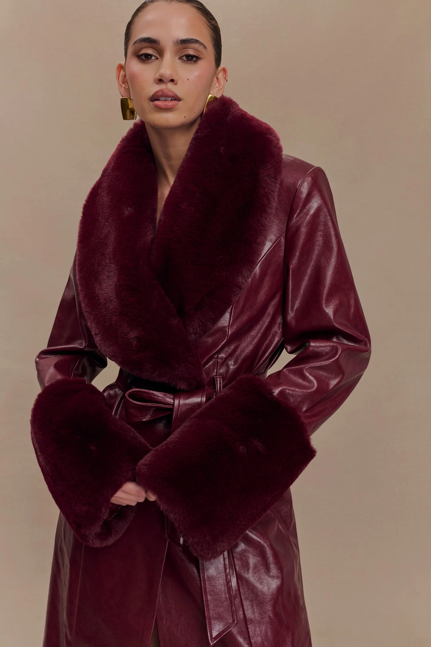 Bec Faux Leather Trench Coat With Faux Fur - Cherry Red | Meshki (APAC)