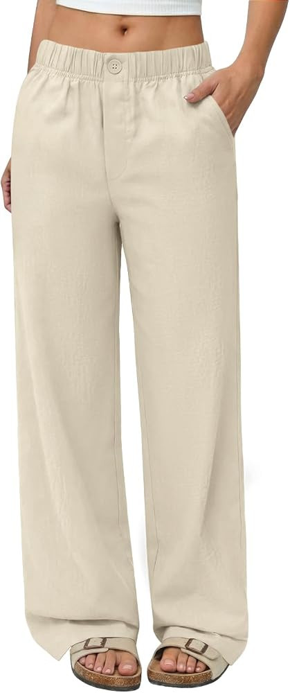 COPYLEAF Linen Pants Women Wide Leg Elastic Waist Flowy Palazzo Casual Pants with Pockets Beach T... | Amazon (US)