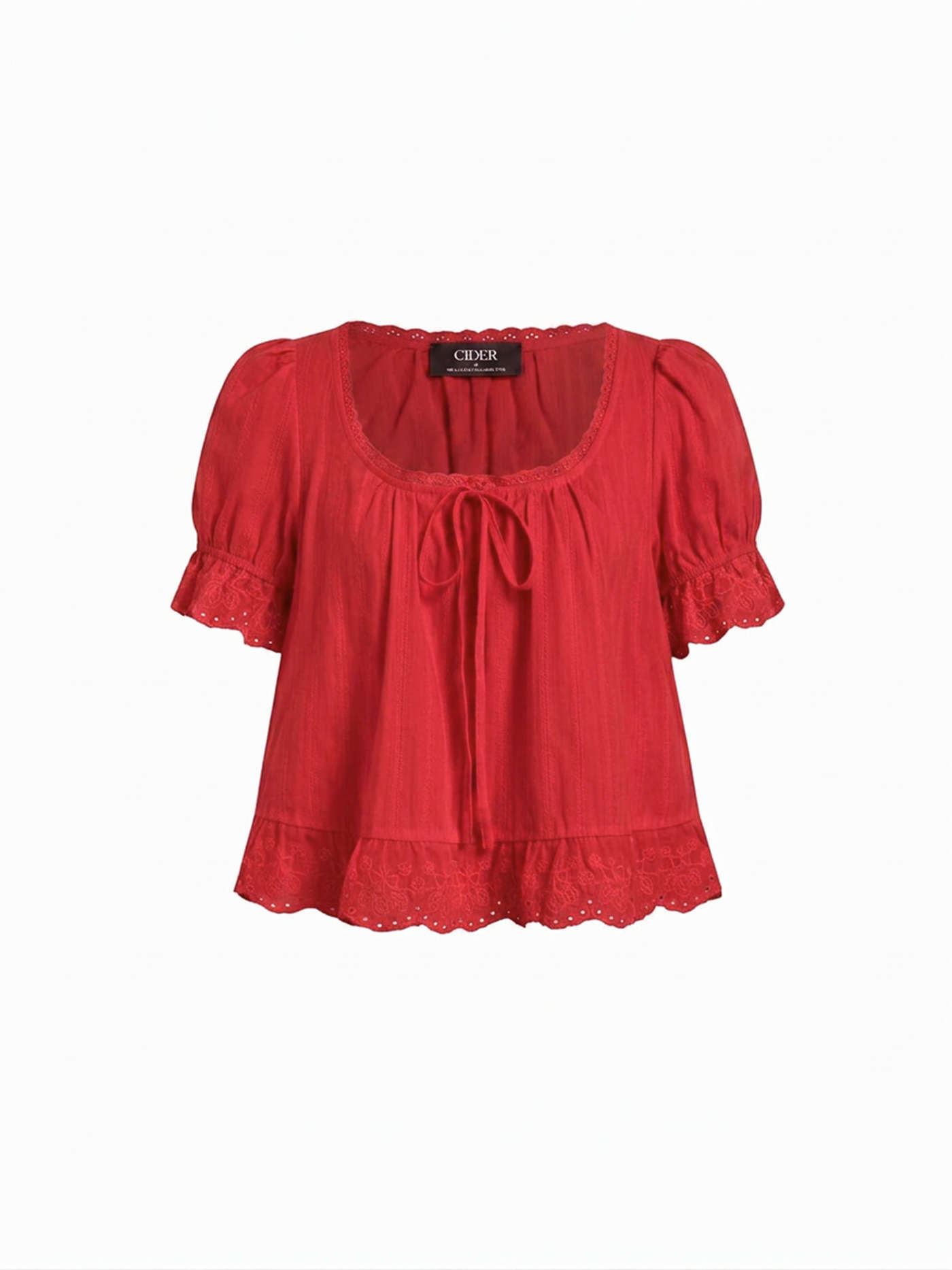 Cotton Lace Trim Knotted Short Puff Sleeve Blouse | Cider