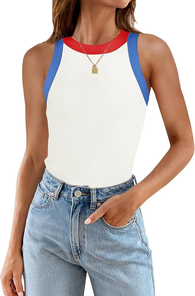 ZESICA Womens Summer Sleeveless Tank Tops Ribbed High Neck Racerback Slim Fitted Color Block Casu... | Amazon (US)