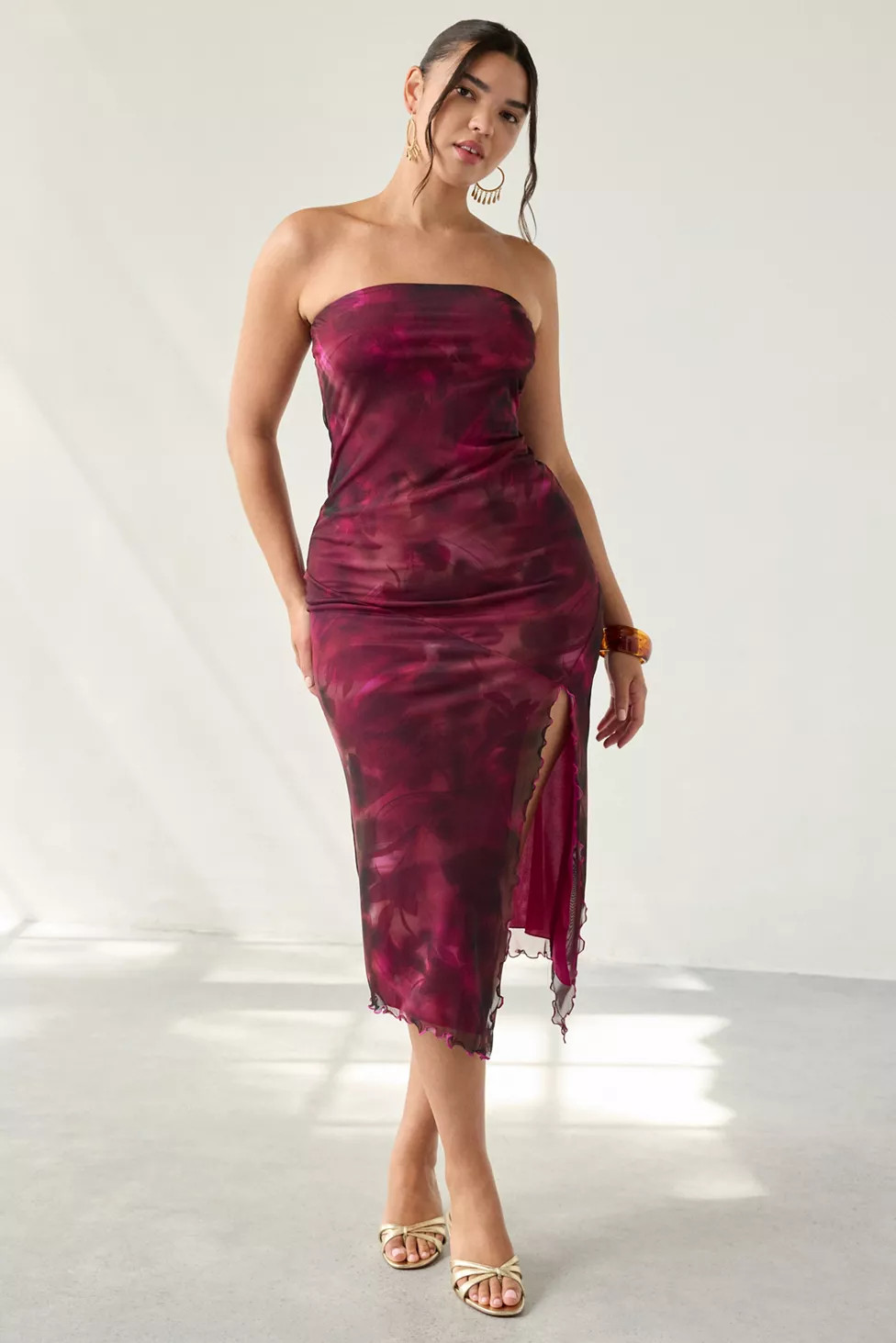 UO Samara Mesh Strapless Midi Dress | Urban Outfitters (US and RoW)