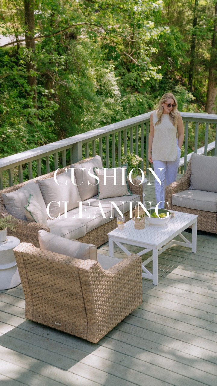 SAVE this solution for when you’re ready to tackle your outdoor cushion cleaning project.

I love this pressure washer from Amazon. It’s on sale today if you wanna grab it.

💦 Outdoor cushion cleaning solution:
• Spray bottle almost full of warm water 
• 1/4 cup bleach (if you have performance fabric like Sunbrella)
If you’re not sure — Just omit bleach and use water + dawn soap 👇🏼
• 1 tbsp Dawn dish soap 

Cleaning steps:
1. Remove any loose dirt by vacuuming the cushions first
2. Cover cushions in cleaning solution 
3. Use soft bristle brush and scrub in circular motions
4. Let sit for 15 minutes
5. Pressure wash (best results) or hose off cushions
6. Lay in sun to air dry 

Lazy Cleaning Version:

To be honest, I did a lazy version of my professional method on these non-performance fabric Walmart cushions that I featured today, and it’s effective too!

METHOD:

Spray Dawn power wash on the really dirty sections, let sit for 10 minutes while you set up pressure washer. Then power wash the cushions and let dry in the sun!

The sun is a natural cleaning method that can remove stains, mold and mildew ☀️ 🙌🏼

If you are looking for Walmart replacement cushions I’ve linked some options here.