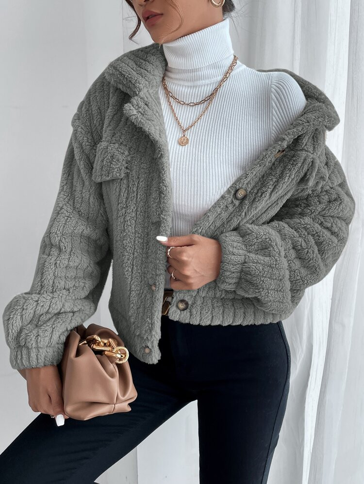 Drop Shoulder Button Front Flannel Jacket | SHEIN