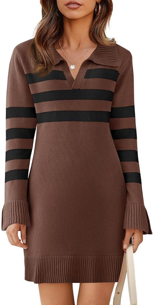 Saodimallsu Womens Striped Sweater Dress V Neck Collared Long Sleeve Slim Fit Ribbed Knit Trendy ... | Amazon (US)