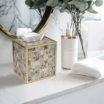 Pearlescent Tissue Box Cover,KEZNGUU Tissue Box Holder with Magnetic Base and Gold Metal Trim,Squ... | Amazon (US)