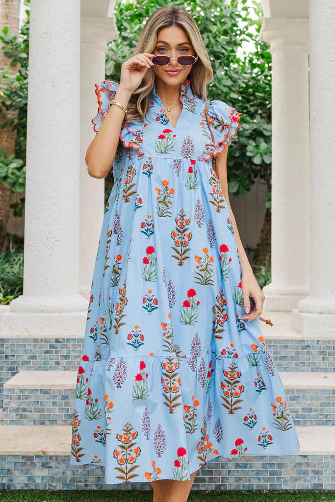 Feelings Of Happiness Blue Floral Midi Dress | The Mint Julep Boutique
