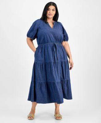Plus Size Puff-Sleeve Tiered Midi Dress | Macy's