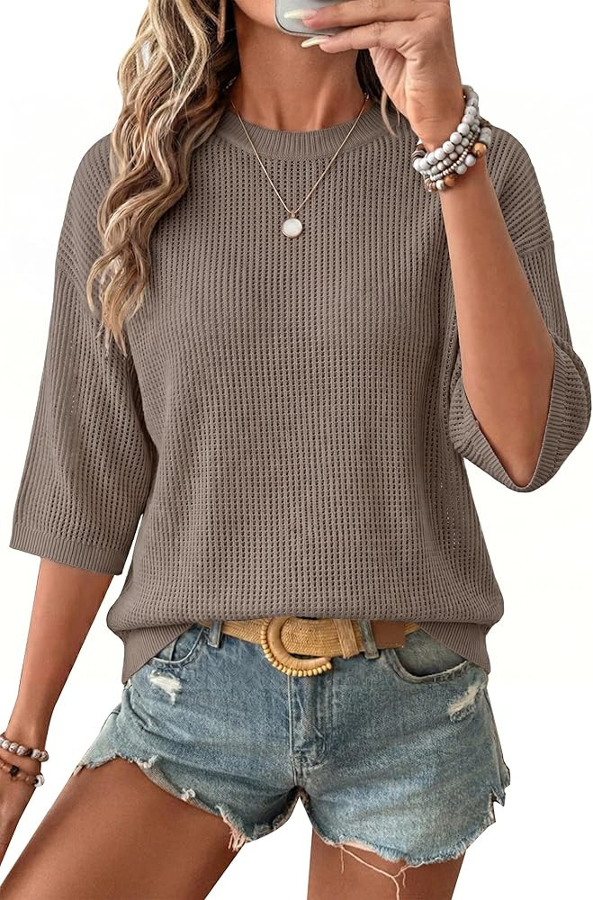 Arach&Cloz Womens Summer 100% Cotton Oversized Crochet Tops 3/4 Length Sleeve Sweater Hollow Out ... | Amazon (US)