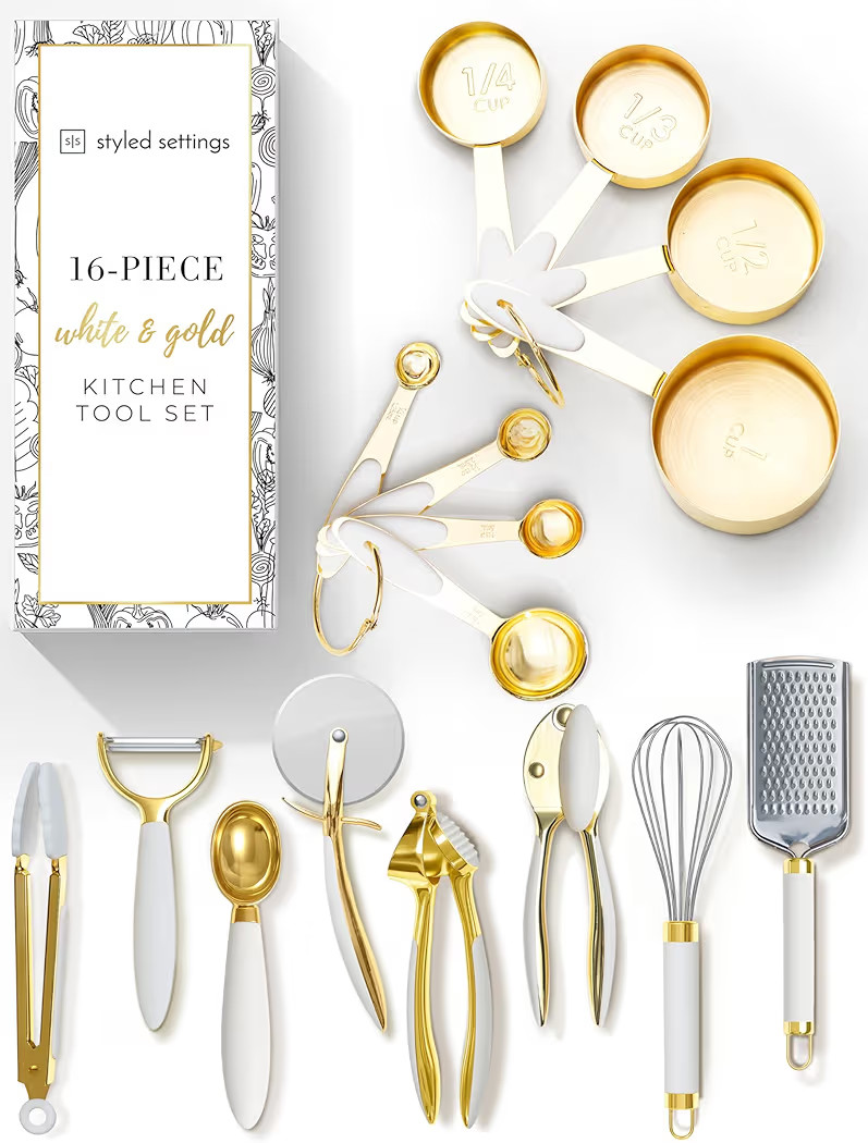 Styled Settings White and Gold Kitchen Utensils Set – 16-Piece Silicone Cooking Utensils with M... | Amazon (US)