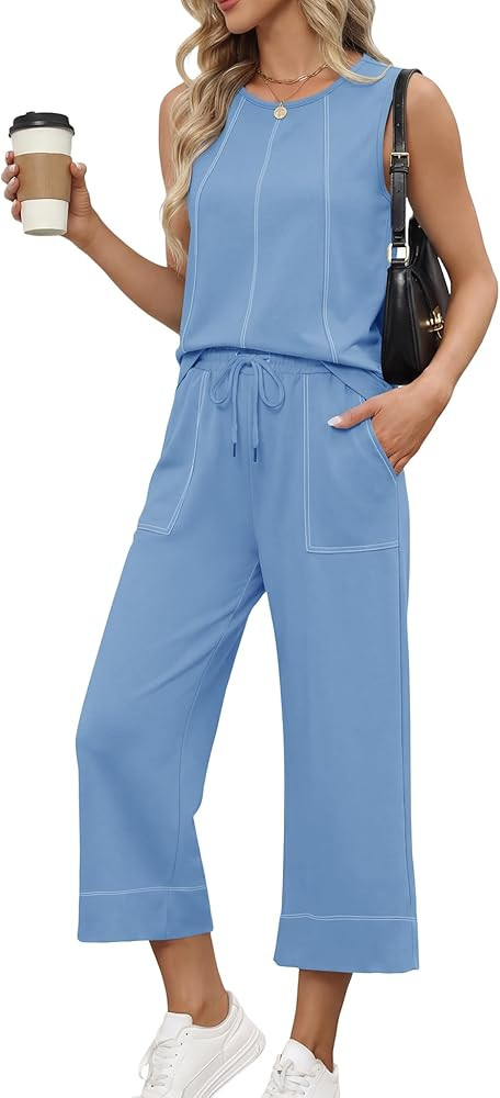 LOMON Two Piece Sets for Women Summer Outfits Sleeveless Tank Tops Wide Leg Crop Pants Matching L... | Amazon (US)