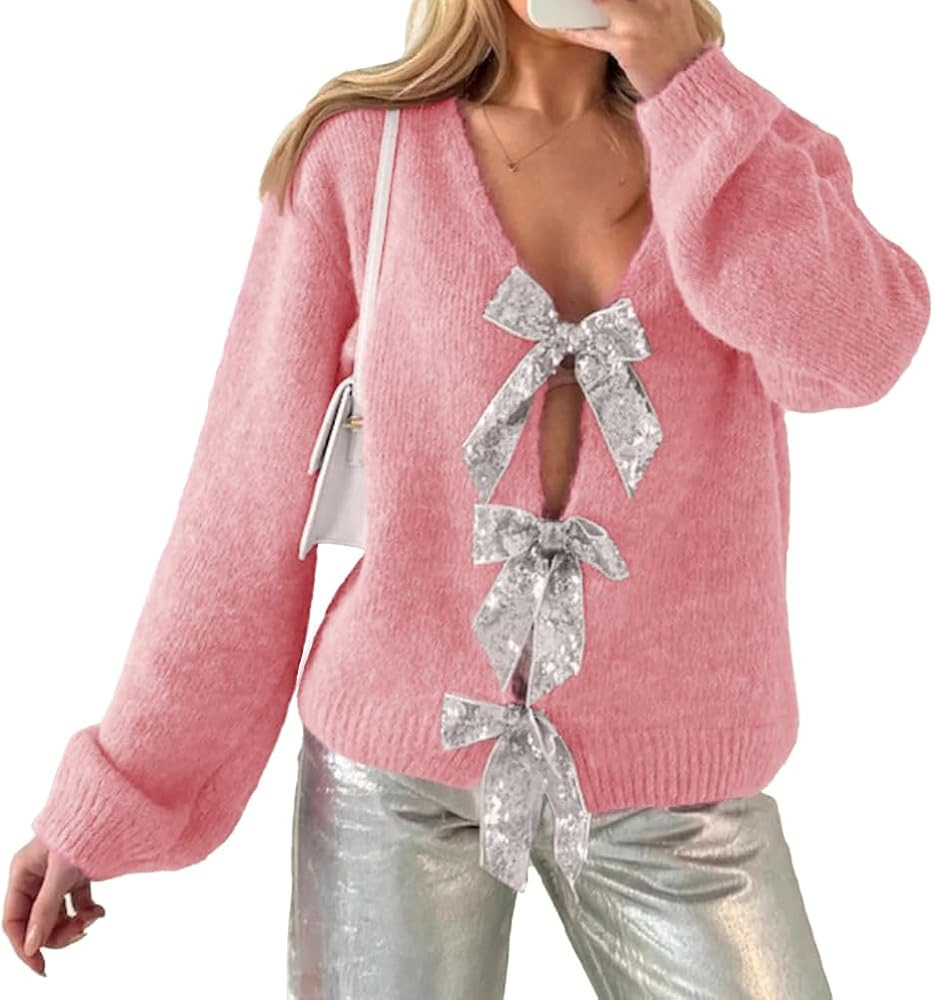 ZDC Womens Bow Sweater Cardigan Trendy Button Down Open Front Sweaters Sexy Knit Fall Coats | Amazon (US)