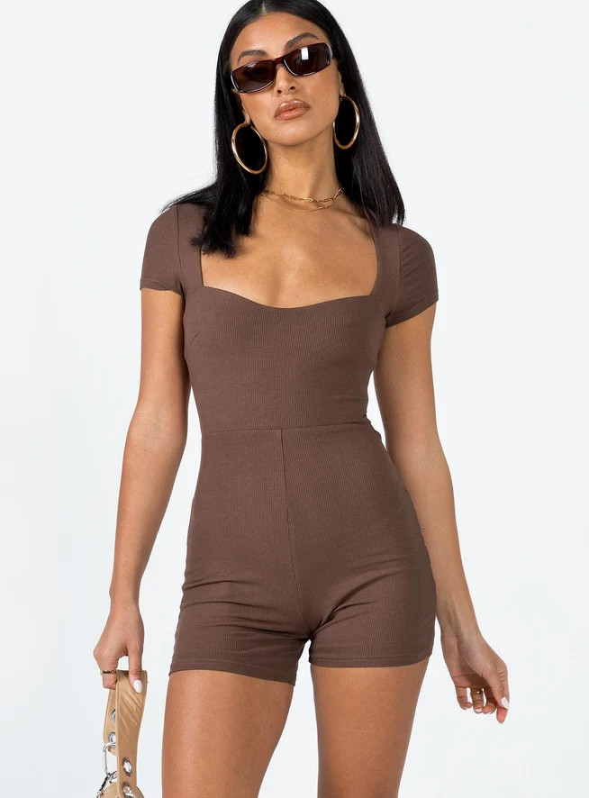 Nolan Short Sleeve Romper Brown | Princess Polly US