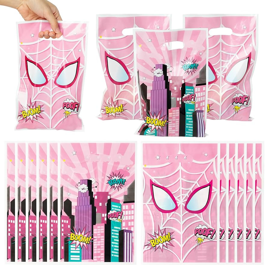 Pink Spider Party Bags - 50PCS Pink Spider Party Gift Bags for Kids, Plastic Goodies Bags with Ha... | Amazon (US)