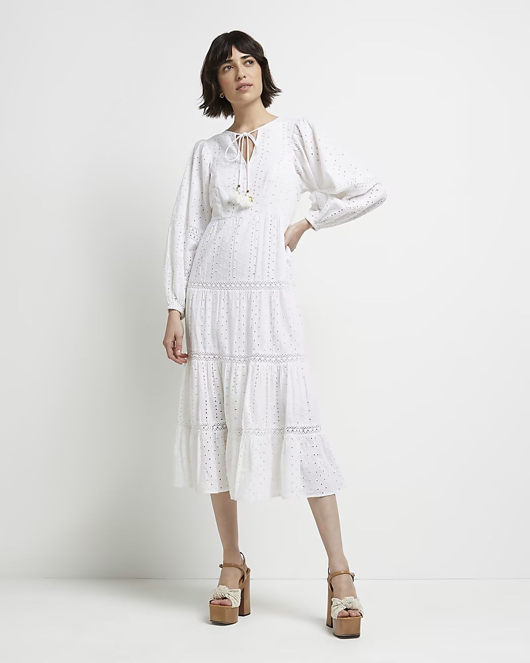 White broderie smock maxi dress | River Island (US)