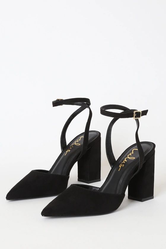 Viki Black Suede Pointed-Toe Ankle Strap Pumps | Lulus (US)