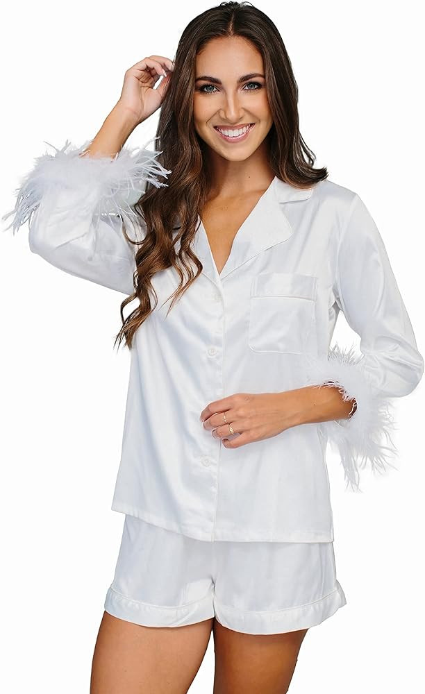 Belle's Design Women's Feather Trim Silk Satin Pajama Set With Shorts Button Down 2 pieces Lounge... | Amazon (US)