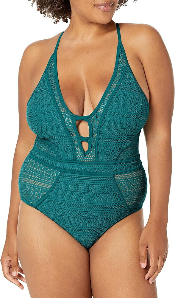 SOCIALA Women's Crochet One Piece Swimsuits V Neck High Waist Bathing Suit Sexy Hollow Monokini Swim | Amazon (US)
