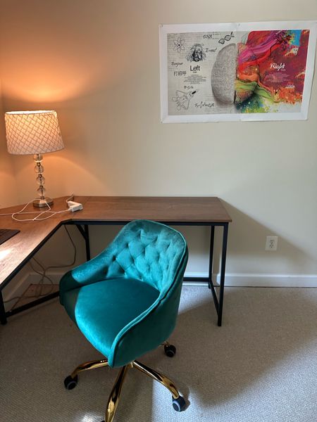 Home office furniture / emerald green office chair / l shaped desk 

#LTKhome