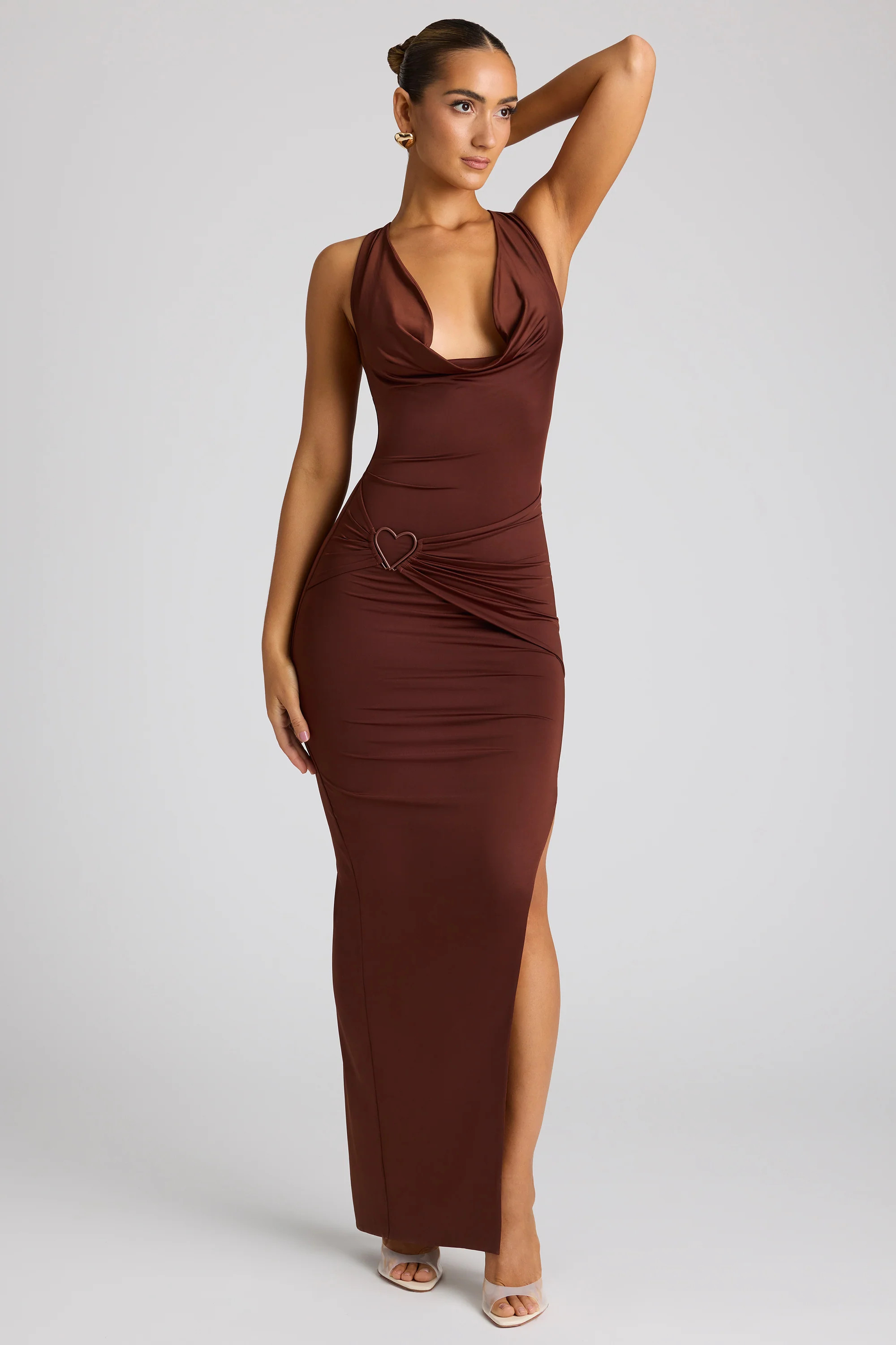 Multiwear Cowl Neck Wrap Over Evening Gown in Chocolate Brown | Oh Polly