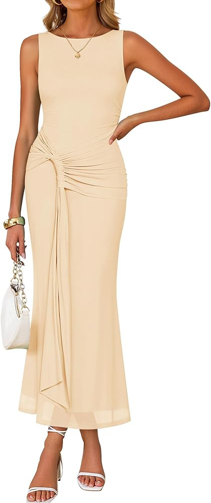 ZESICA Women's Summer Sleeveless Bodycon Dress 2026 Crewneck Ruched Sexy Mesh Wedding Guest Cockt... | Amazon (US)