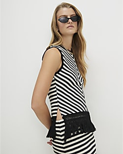 Cream Cotton Blend Fringe Stripe Tank Top | River Island UK & IE