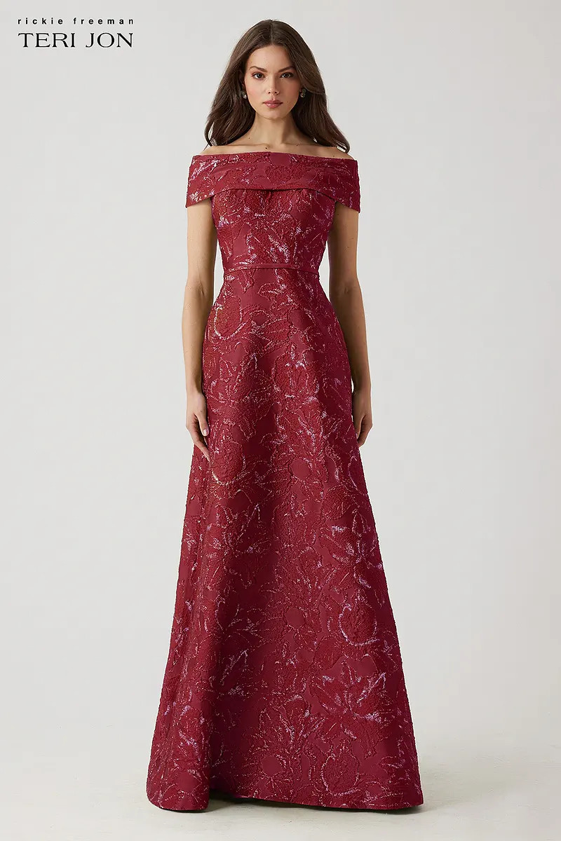 Metallic Jacquard Floral Off The Shoulder Gown | TERI JON