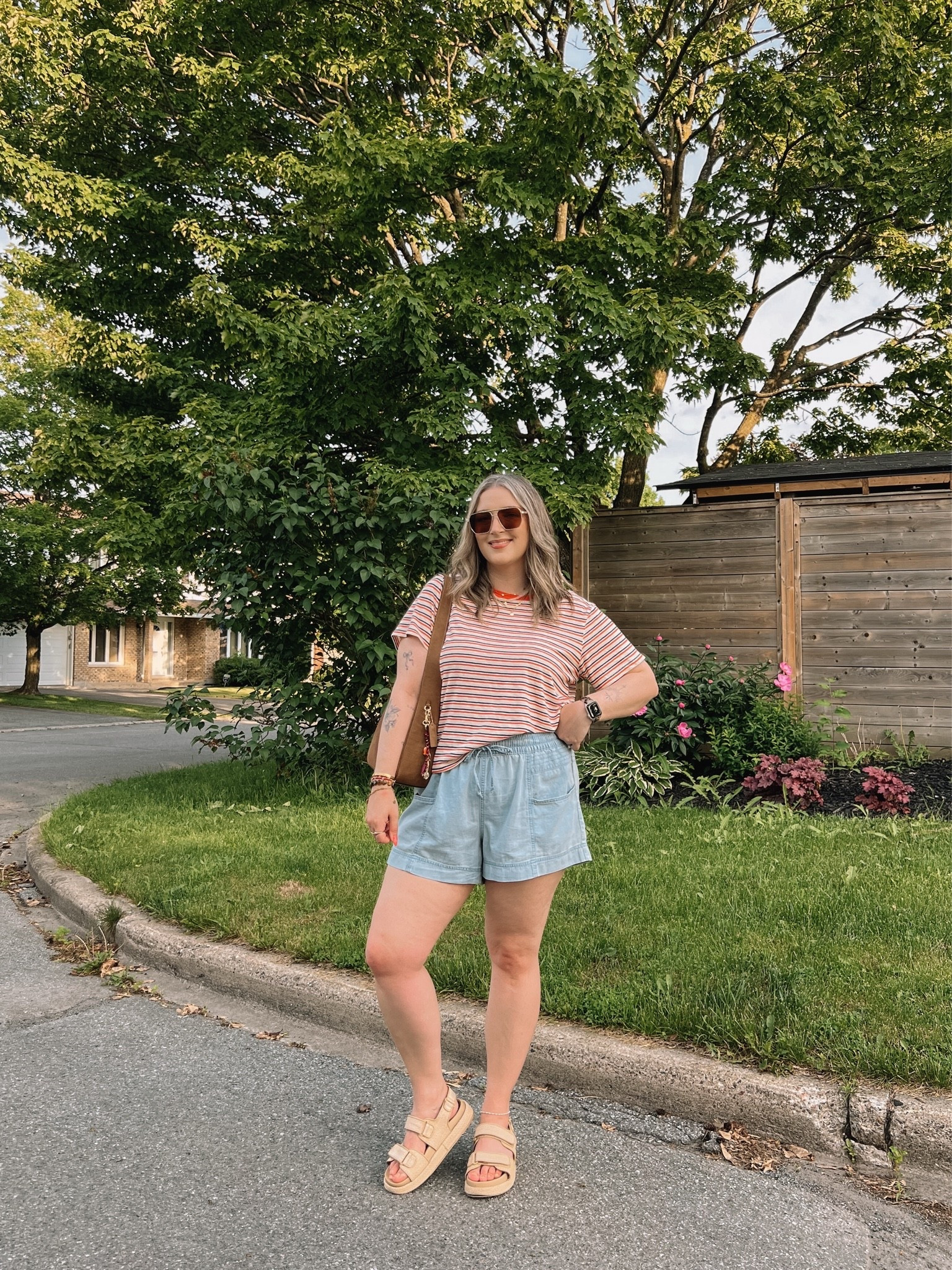 Comfy casual summer outfit! Wearing my usual size L in the shorts, sized up to XL in the striped tee for a looser fit. Linked similar platform sandals

#LTKsummer #LTKsale #LTKmidsize