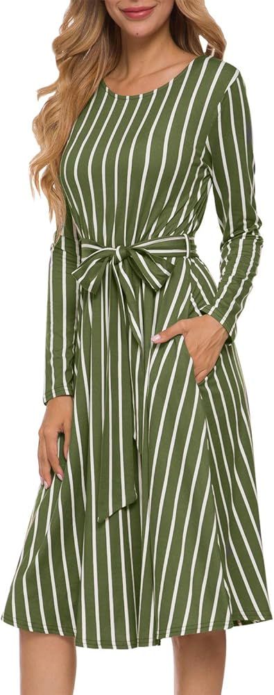 Women's Flowy Striped Long Sleeve Pocket Modest Work Midi Dress with Belt | Amazon (US)
