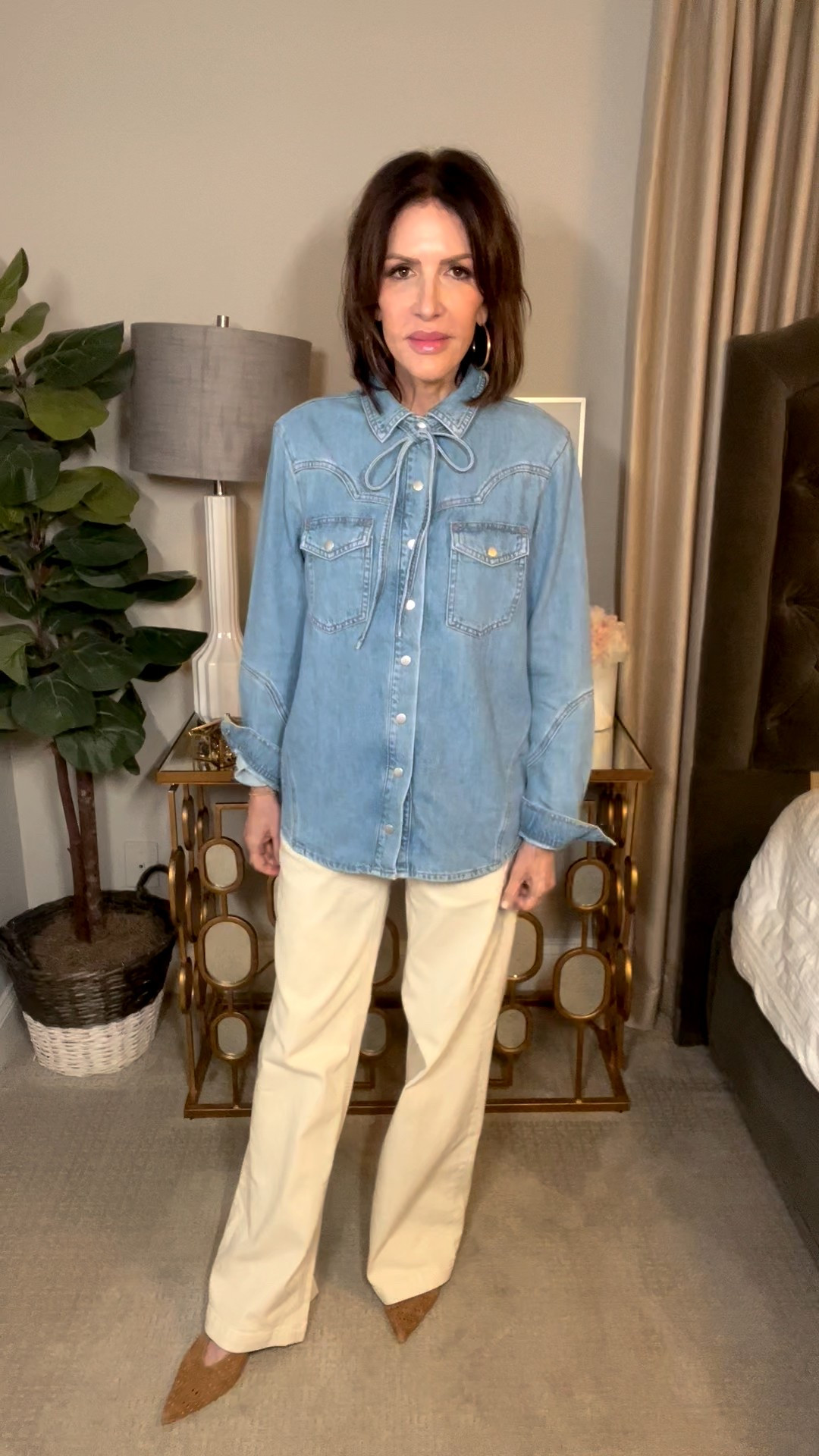 bolo tie denim top, wide leg pants, suede heels, gold earrings, over 50 outfits 

#LTKSeasonal #LTKootd #LTKOver40