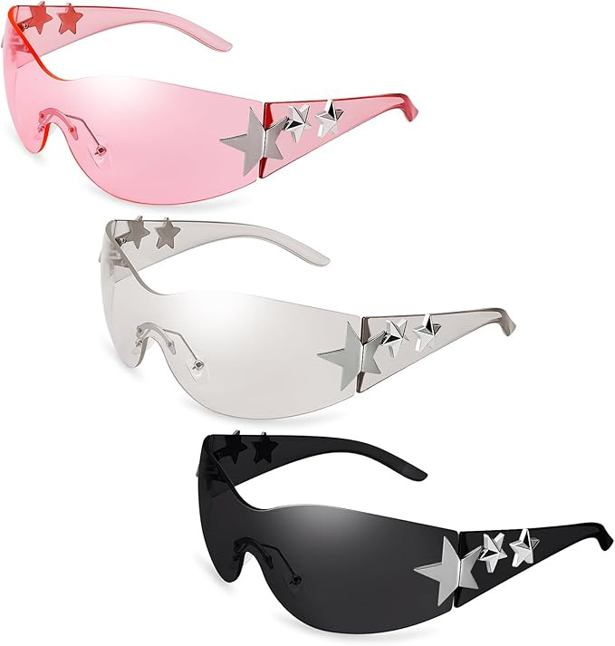 3 Pairs Y2K Sunglasses for Women Men, Trendy Shield Wrap Around Sun Glasses, Rimless Star Sunglas... | Amazon (US)