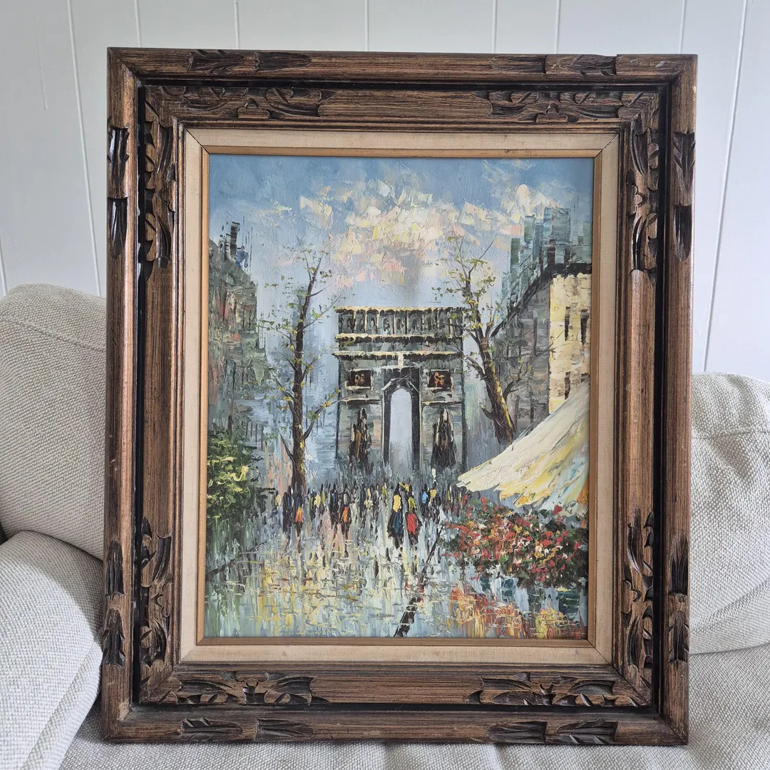 Vintage Paris Oil Painting With Ornate Wood Frame Arc De Triomphe Street Scene Mid Century Textur... | Etsy (US)