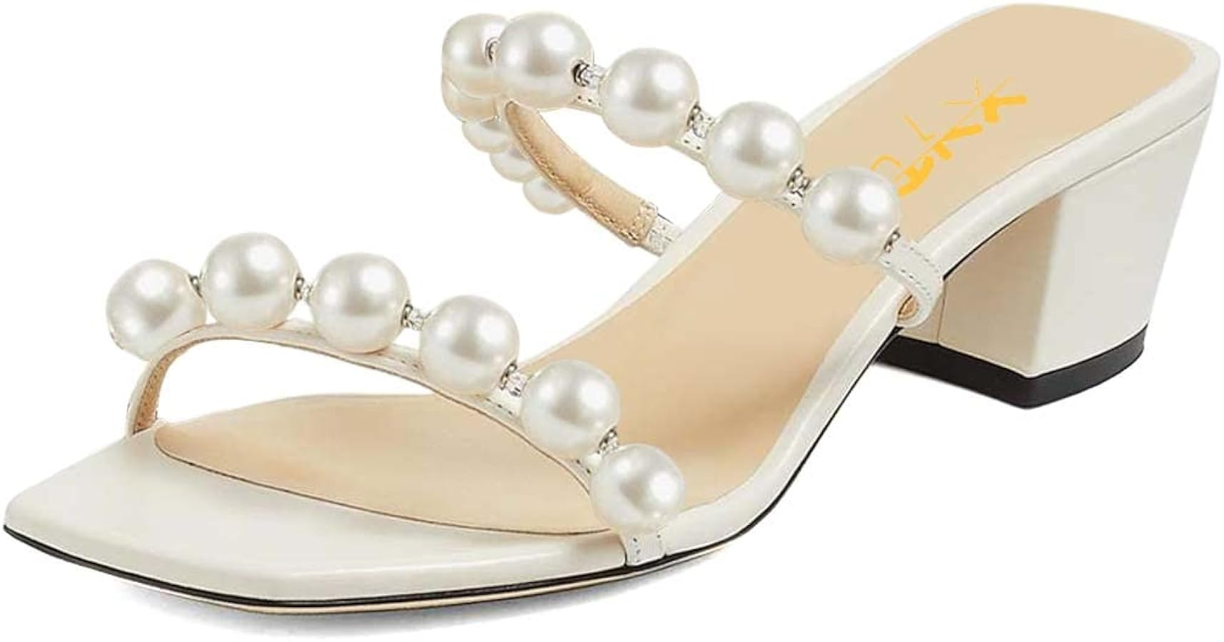 XYD Women Square Open Toe Pearls Embellished Dual Straps Slides Sandals Slip On Low/High Chunky B... | Amazon (US)