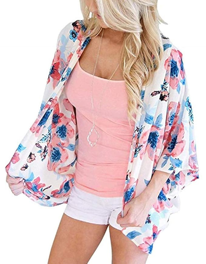 Womens Kimono Cardigans Floral Print Chiffon Beach Cover ups Loose Casual Tops | Amazon (US)