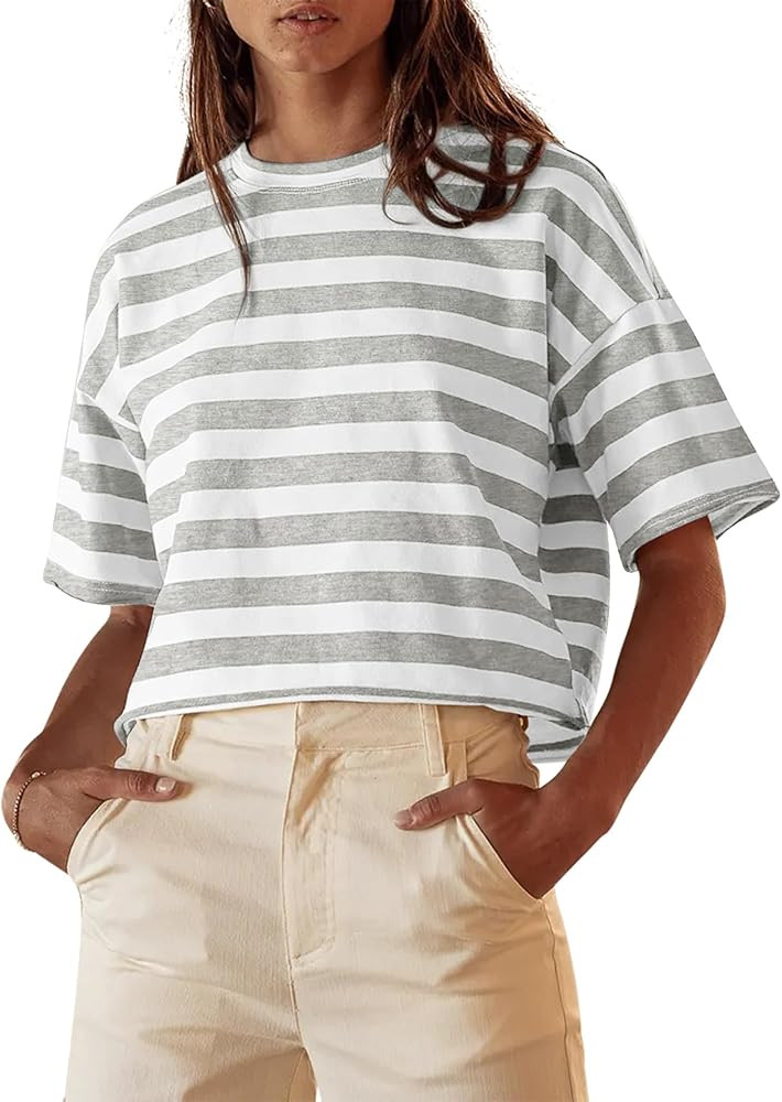Cioatin Women Oversized Striped Colorblock Crop Tee Top Crew Neck Short Sleeve Loose Fit Aestheti... | Amazon (US)