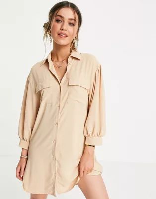 Lola May blouson sleeve mini shirt dress in beige | ASOS (Global)