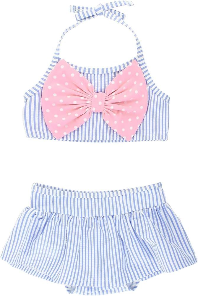 Amazon.com: RuffleButts® Baby/Toddler Girls Periwinkle Blue Seersucker Bow Skirted Bikini - 12-1... | Amazon (US)