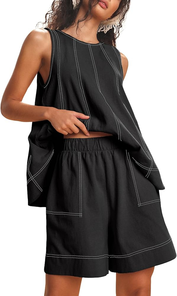Womens 2 Piece Lounge Set Casual Summer Outfits Sleeveless Tank Top and Elastic Waist Shorts with... | Amazon (US)