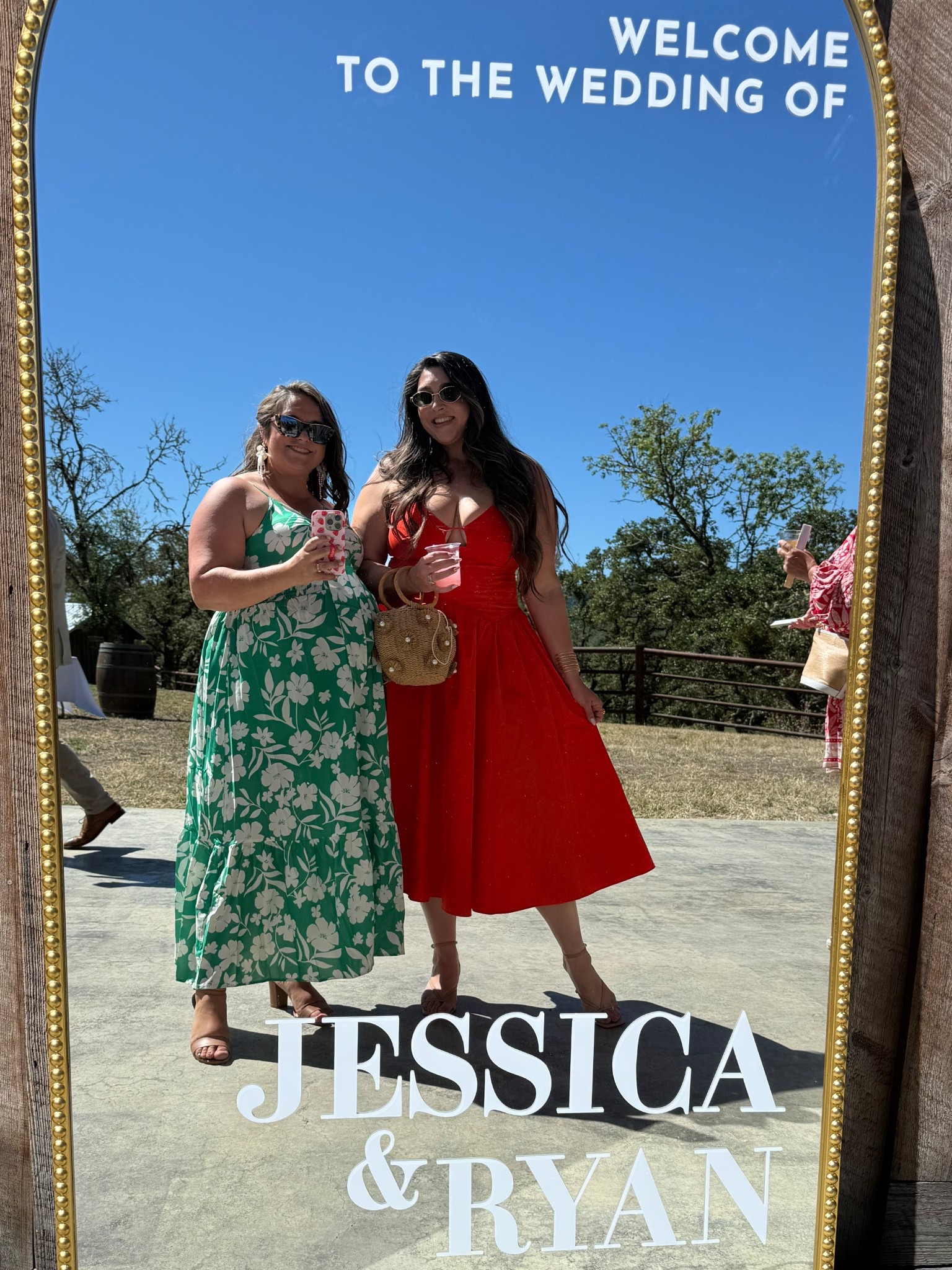 Wedding mirror selfie with my sister-in-law! 🤍 She’s expecting baby #3 in August. 🫶 Linked my whole outfit again, but HAD to share my cute raffia bucket bag, too!! UNDER $40, shipped next day, too good! 🤌🏼 #weddingguestdress #weddingguestoutfit #summerdress #summerwedding #weddingoutfit 

#LTKSeasonal #LTKMidsize #LTKWedding