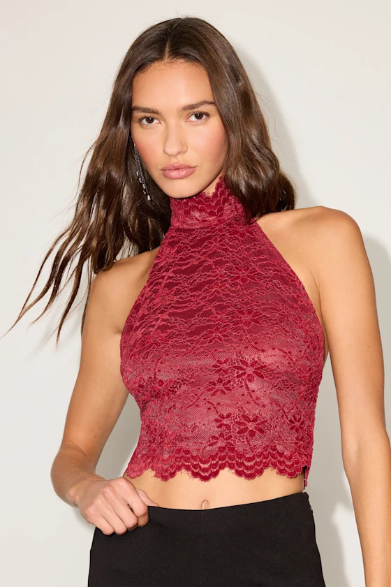 Khalila Wine Red Scalloped Lace Halter Crop Top | Lulus