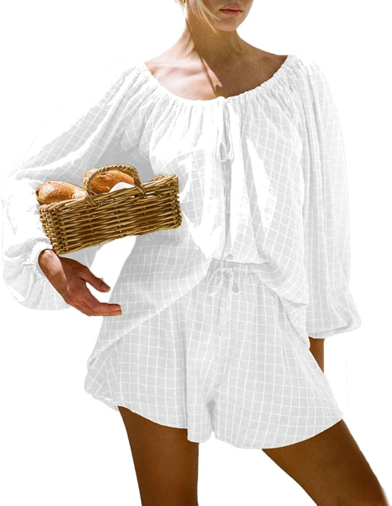 Women Plaid Bubble Oversize Long Sleeve Top Shorts 2 Piece Cozy Beach Vacation Outfits Lounge Set... | Amazon (US)