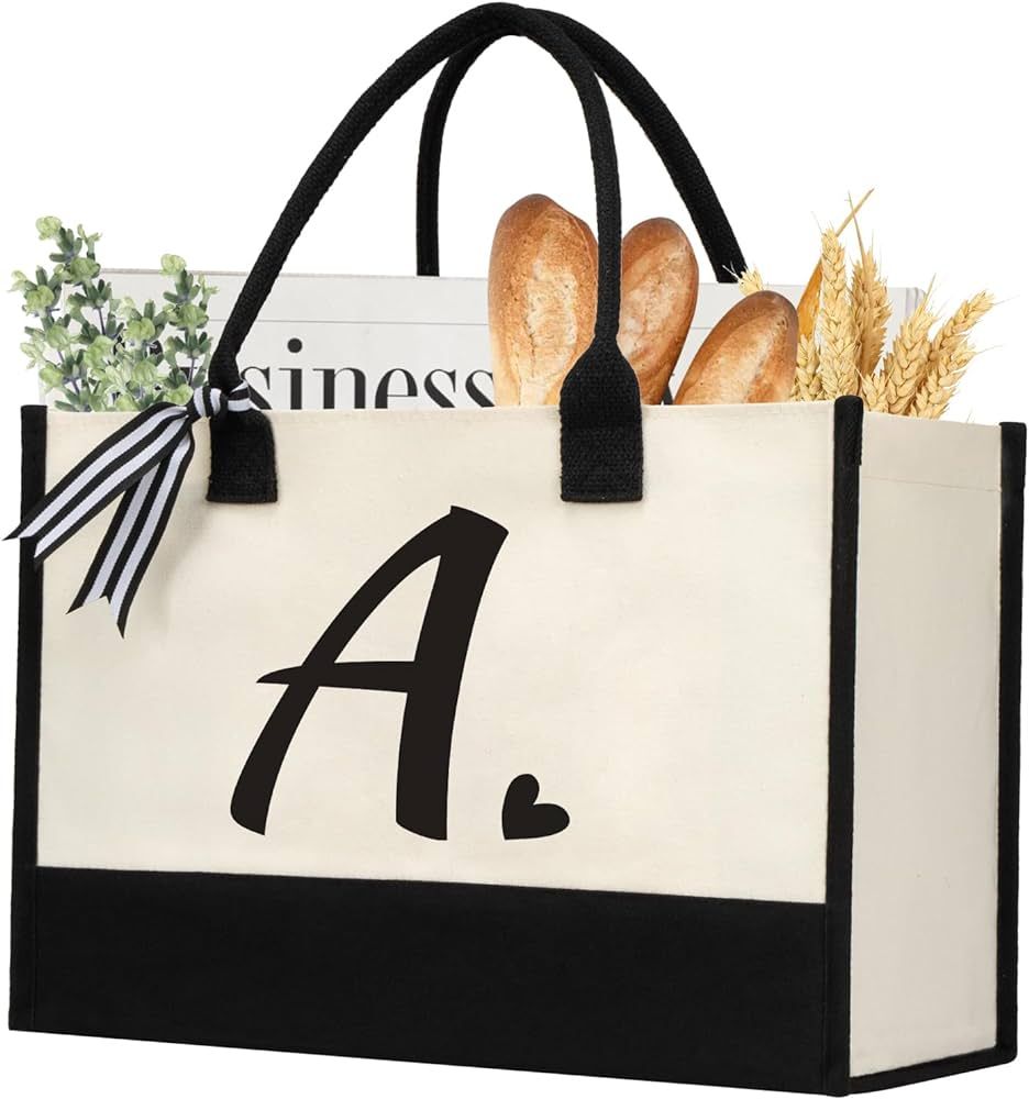 shenee Initial Canvas Tote Bag, Personalized Beach Jute Bag Present for Women Holiday, Friends Bi... | Amazon (US)
