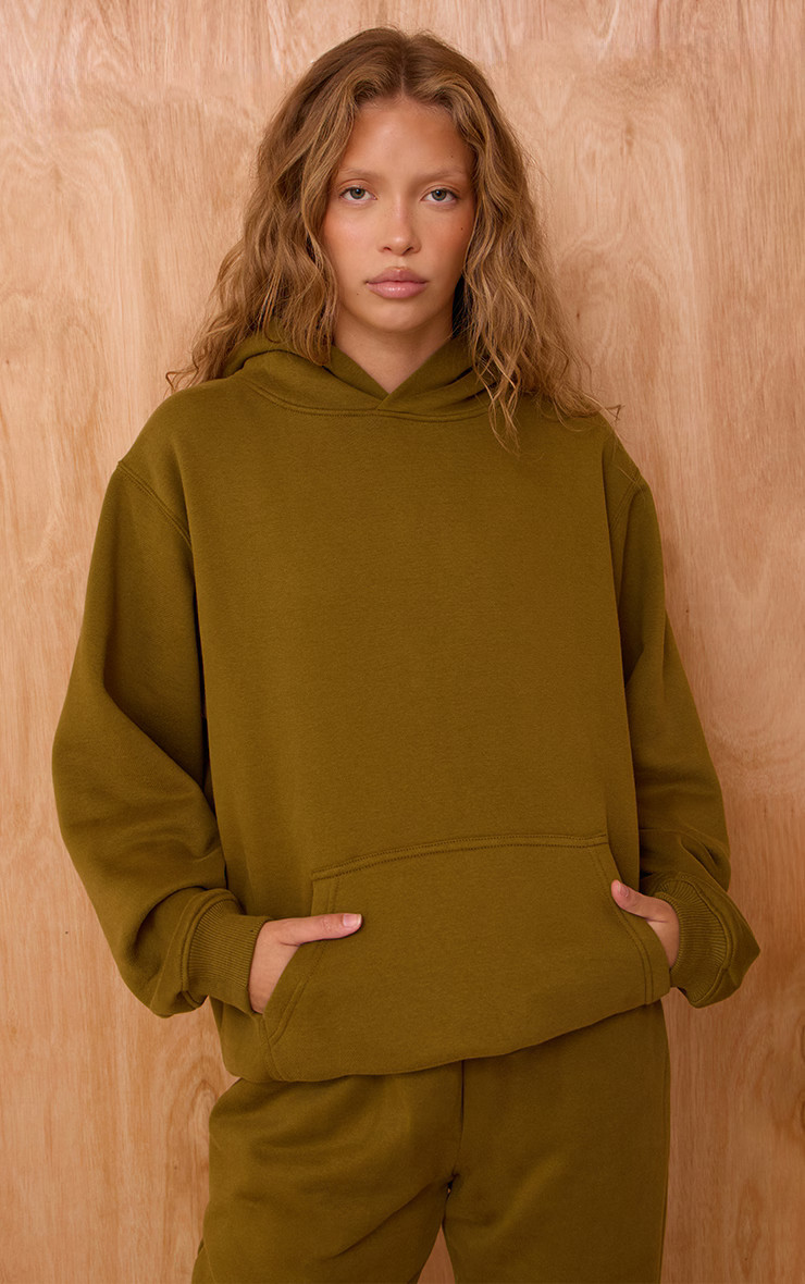 Olive Cotton Fleece Oversized Pull Over Hoodie | PrettyLittleThing UK