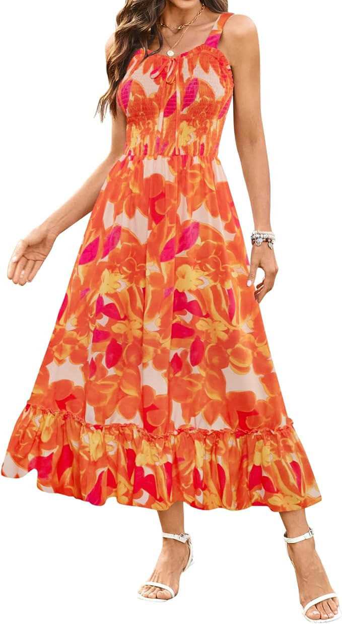 Arolina Women's Summer Floral Boho Dress 2025 Square Neck Maxi Dresses Solid Color Ruffle Beach V... | Amazon (US)