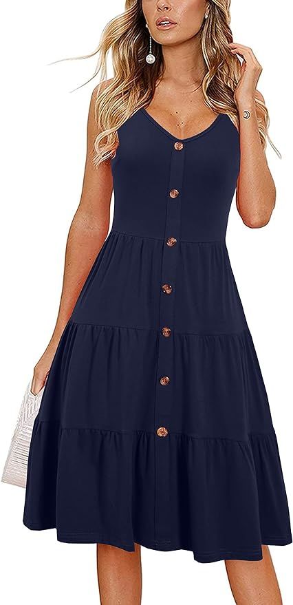 Alice & Elmer Women's Casual Beach Summer Dresses Solid Cotton Tiered Flare V-Neck Spaghetti Stra... | Amazon (CA)