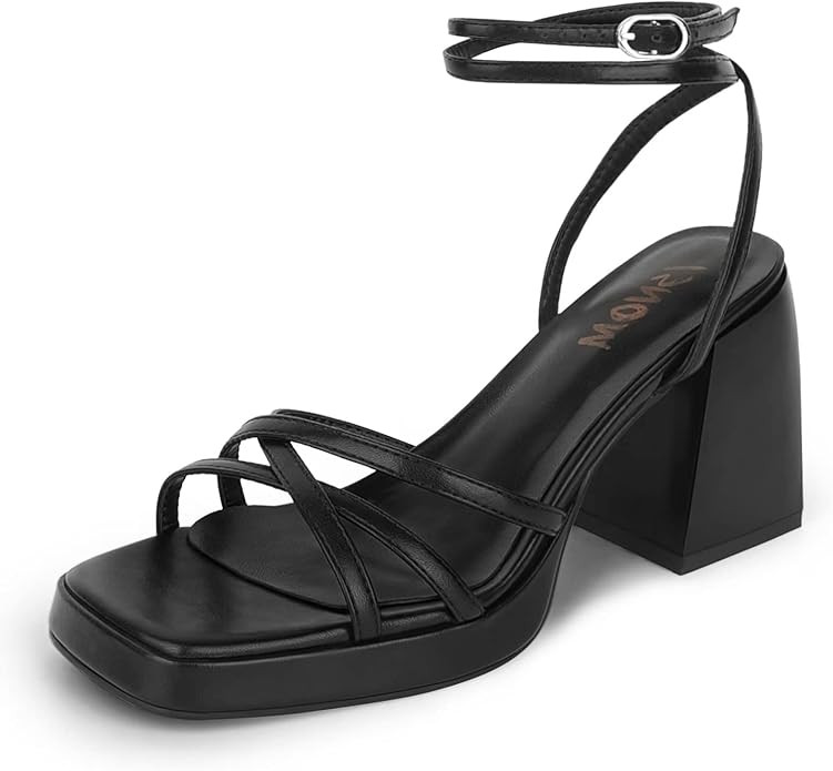 ISNOM Black Platform Heels for Women Heeled Sandals with Lace Up Strappy Ankle Strap Square Open ... | Amazon (US)