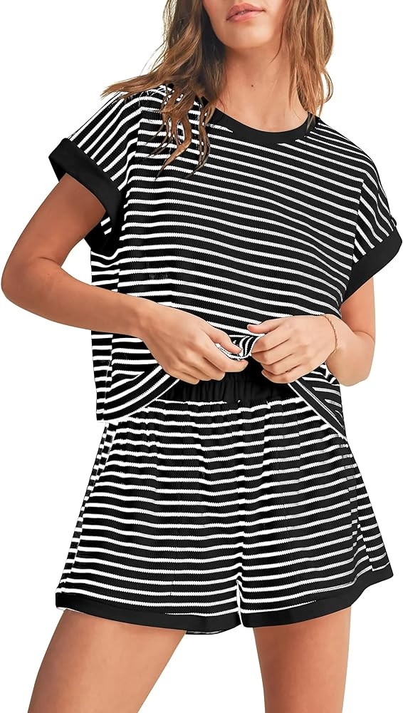 Women 2 Piece Ribbed Knit Pajama Set Striped Short Sleeve Tee Shirts and Shorts Lounge Sets Summe... | Amazon (US)