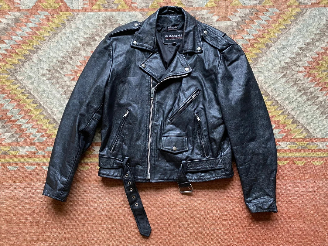 80s 90s Men's Wilson's Black Leather Motorcycle Jacket - Etsy | Etsy (US)