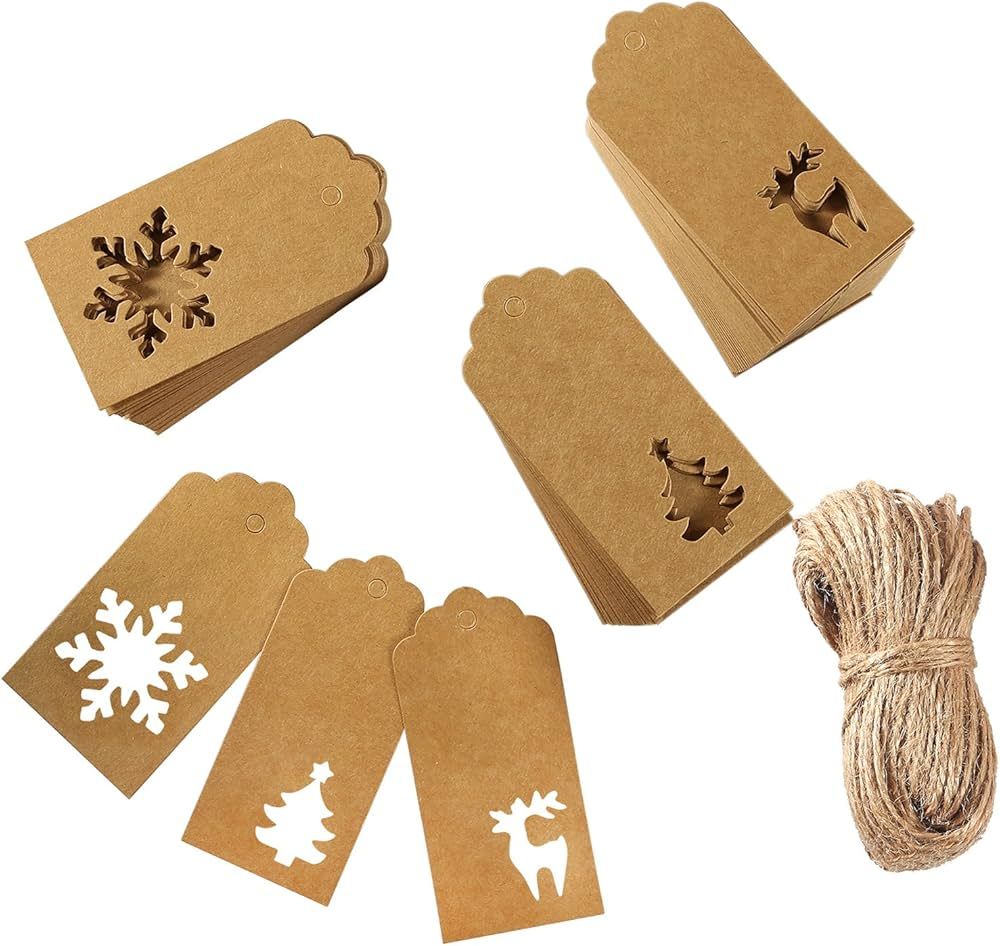 Aneco 150 Pieces Paper Tags Kraft Christmas Tags Hang Labels Christmas Tree Snowflake Reindeer De... | Amazon (US)