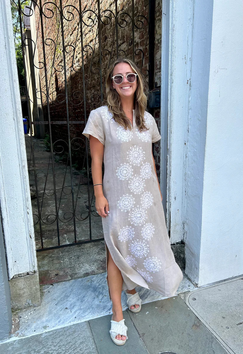 Sara Maxi Dress Short Sleeve Sand Linen with White Embroidery | Madison Mathews